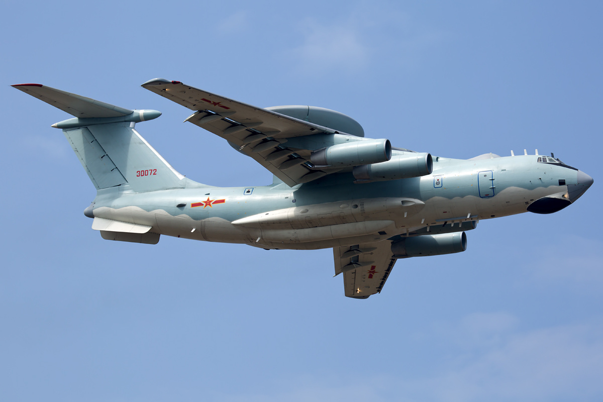 KJ-2000 airborne early warning and control (AEW&C or sometimes called AWACS) of the Chinese PLA Air Force in flight.