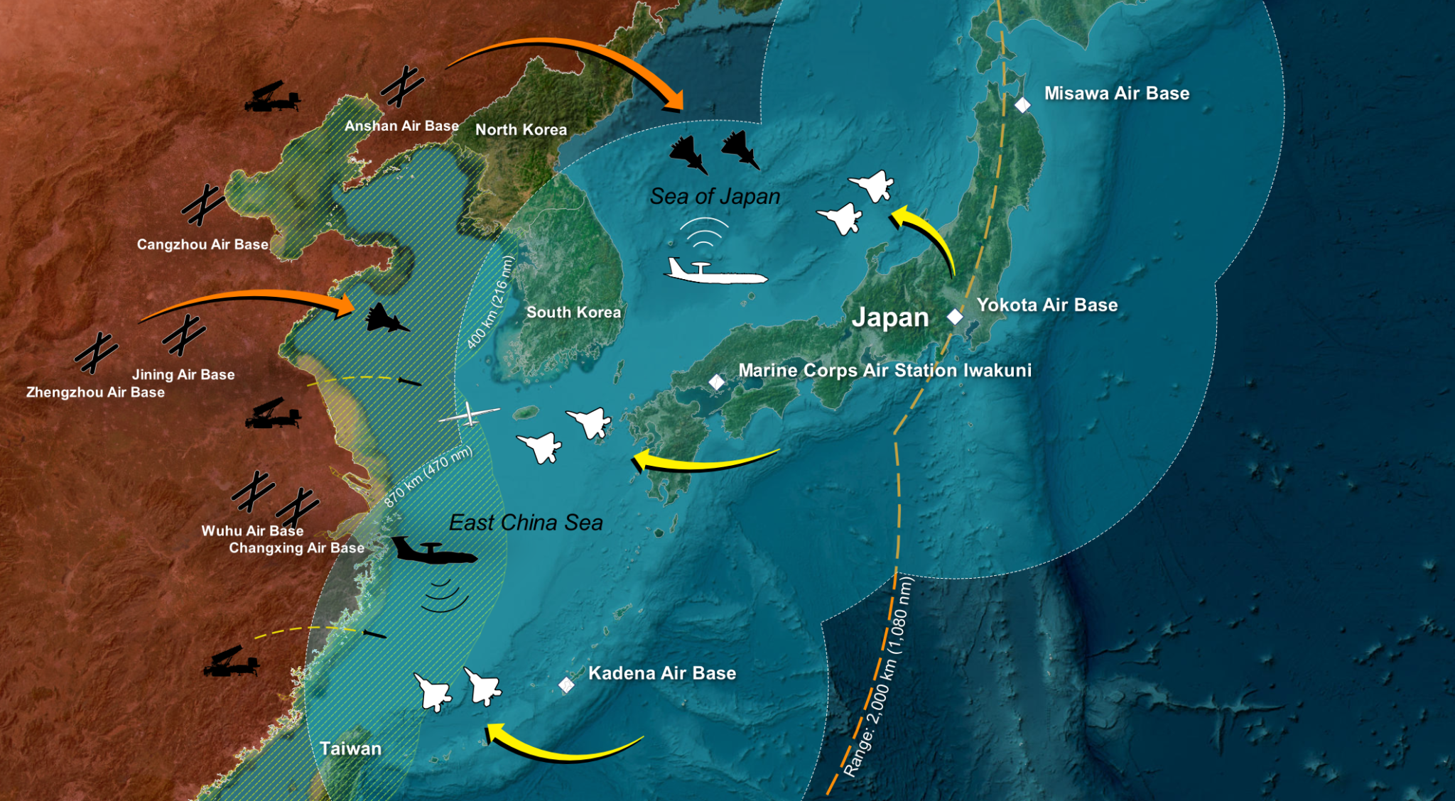 Map of Japan with major air bases.