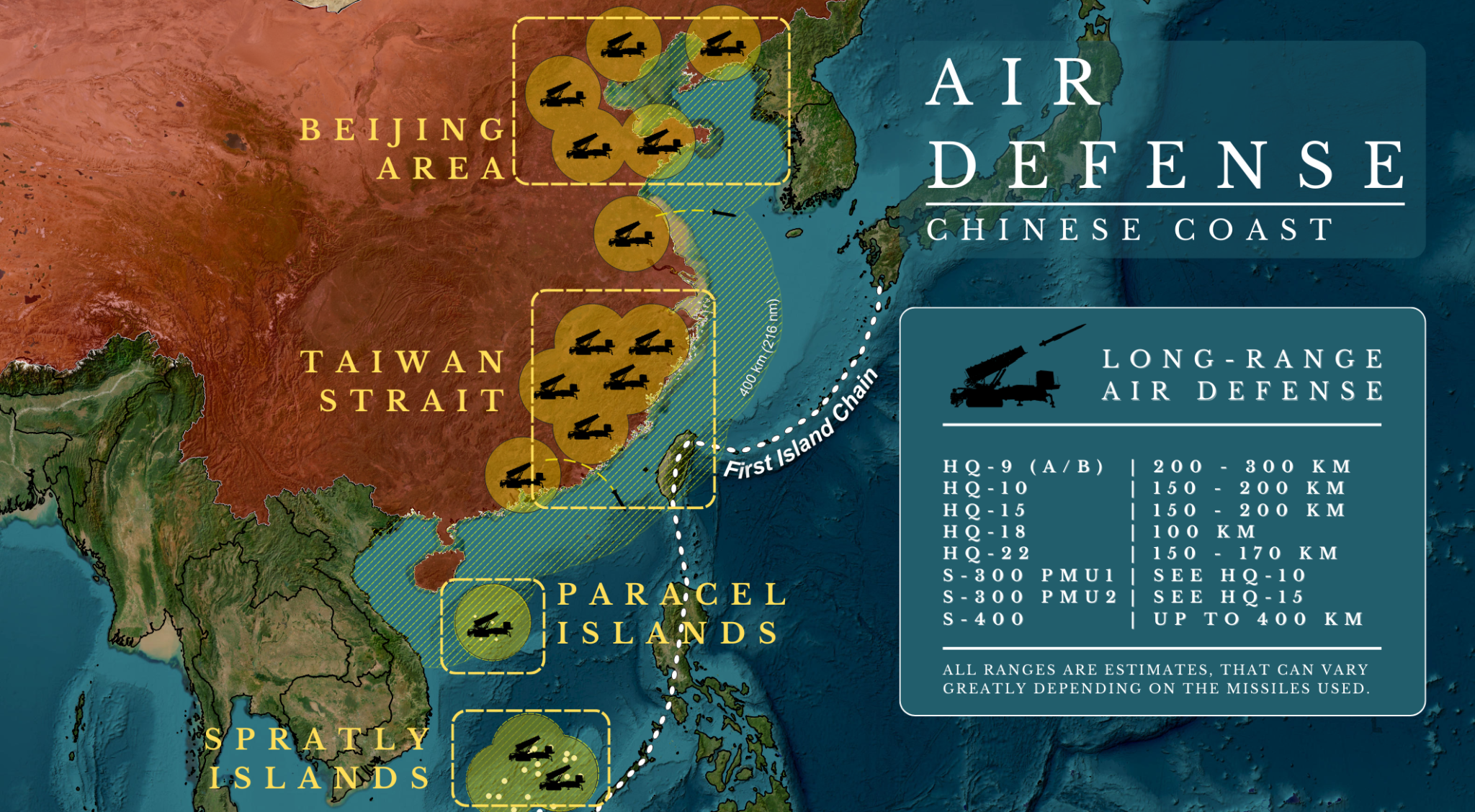 Illustration of important areas on the chinese mainland to protect with long-range air defenses.