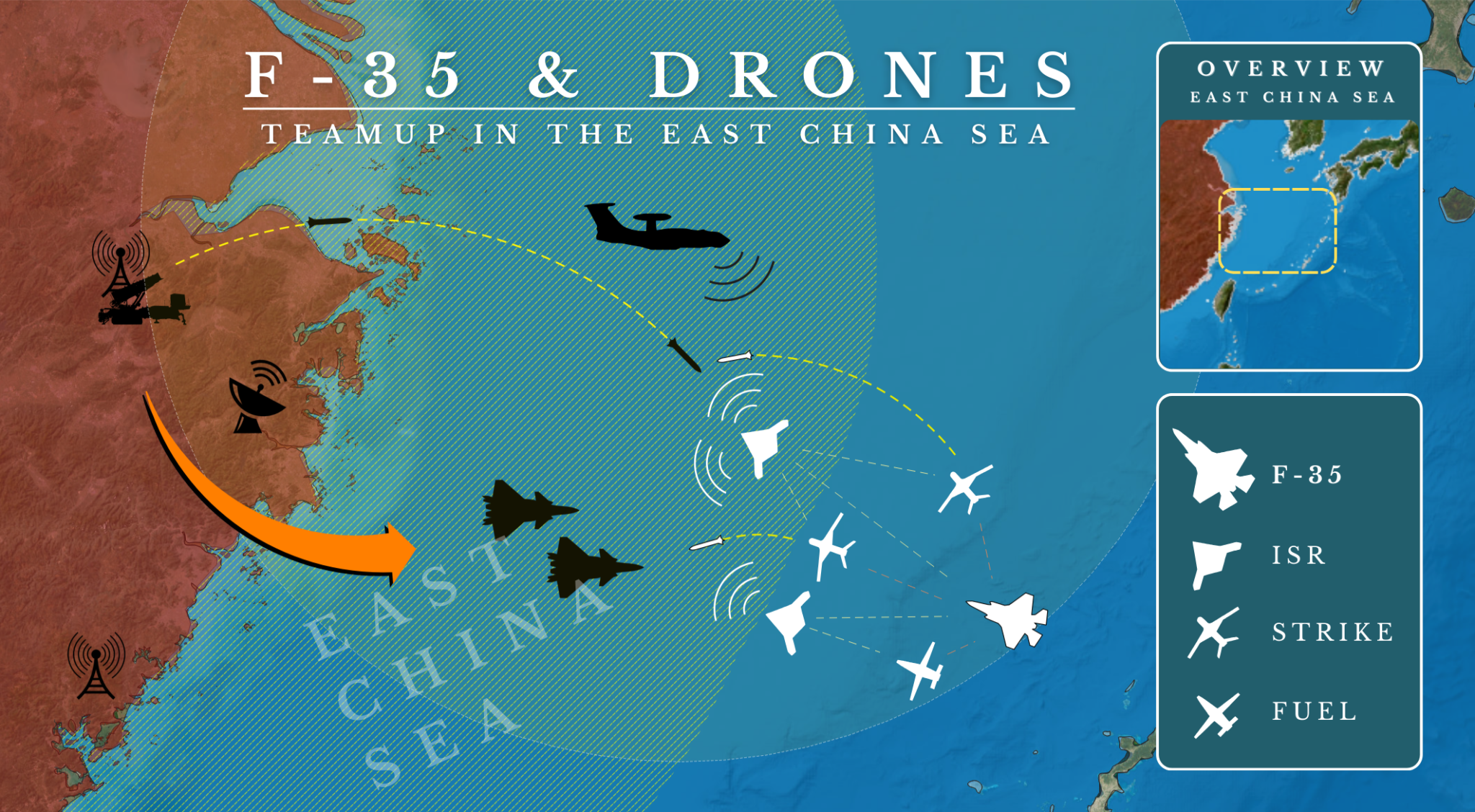 F-35 + Drones Teaming up. UAS, UAV capabilities. Loyal wingman. Combination of unmanned systems with manned systems. Air-to-air, air-to-ground, refueling, ISR drone.